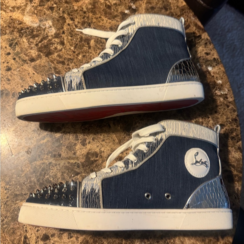 Christian Louboutin Blue and White High-Top Sneakers